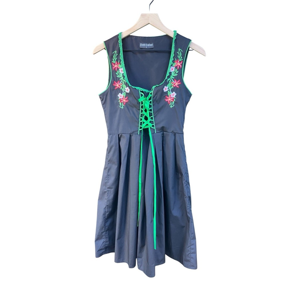 Scarlet Darkness Size S Black Green Floral Embroidered Oktoberfest Dirndl Dress